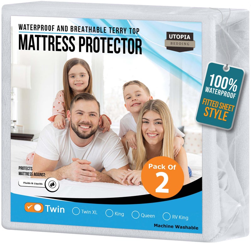 Utopia Bedding Waterproof Mattress Protector Twin Size 2 Pack, Premium 200 GSM Terry Mattress Cover, Soft & Breathable Bed Cover, Fitted Sheet Style with Stretchable Deep Pockets 15" (White) - Image 1